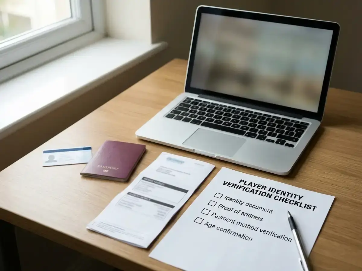 Account verification desk with an identity document, address statement and security checklist beside a laptop
