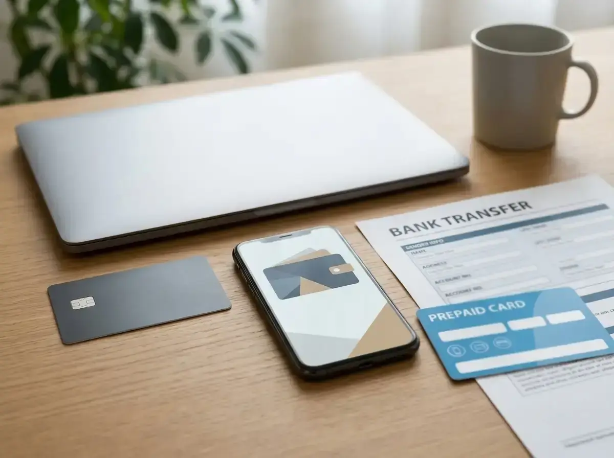 Bank card, smartphone wallet and bank-transfer documents arranged beside a laptop for an online cashout