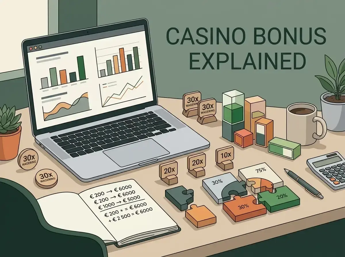 Casino bonus worksheet with wagering multiples, euro amounts and progress markers beside a laptop