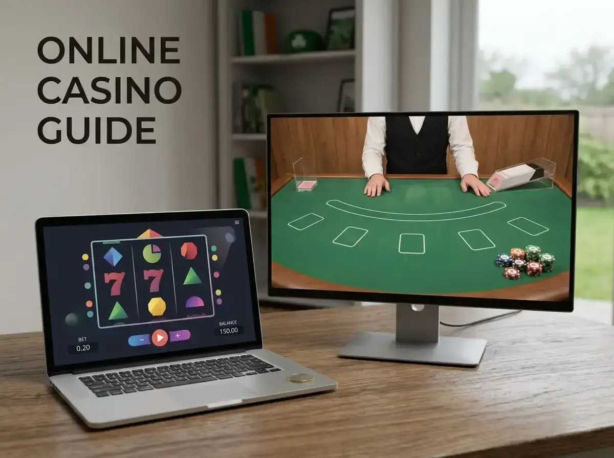 Online casino scene showing slot reels on a laptop beside a live card table on a second screen