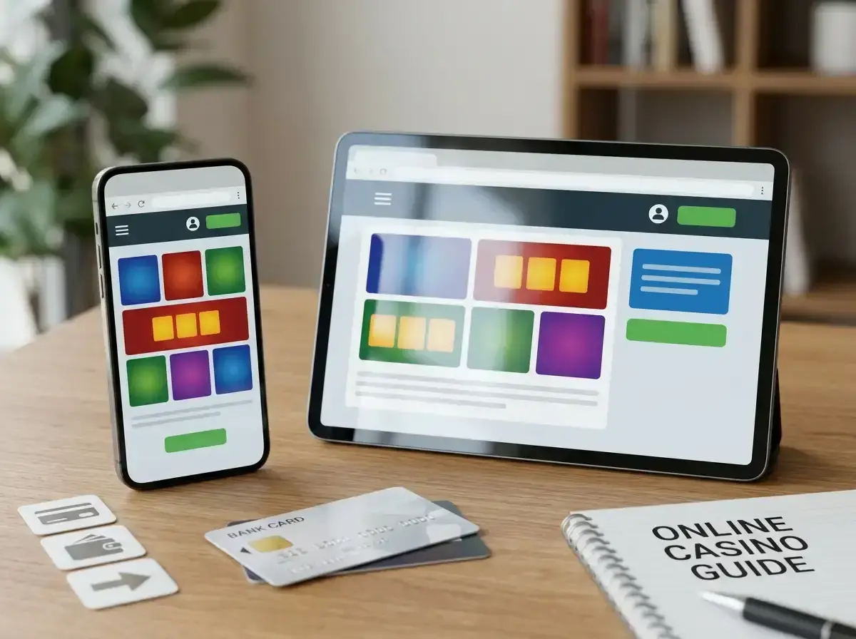 Smartphone and tablet showing a generic casino browser session beside account and payment controls